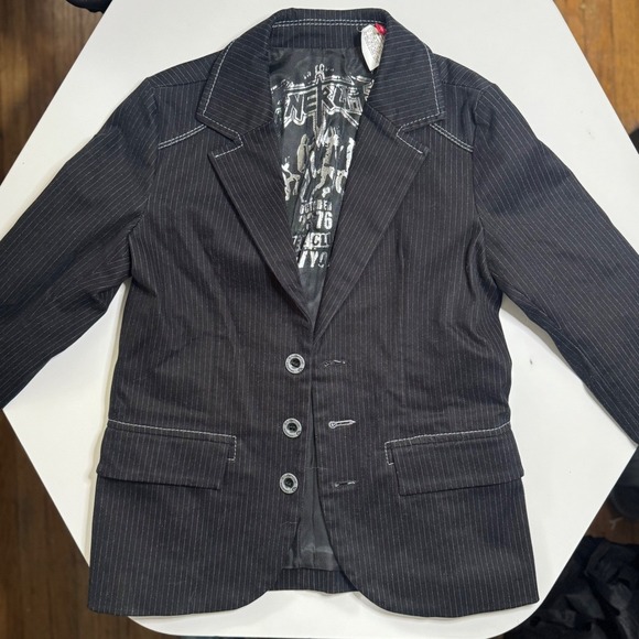 Energie Years Size 10 Black Pinstripe Blazer Jacket Silver Lined Club New York - Picture 2 of 9